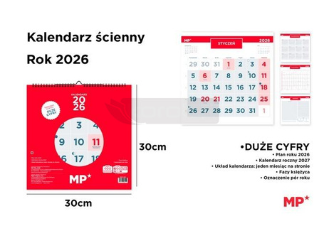 Kalendarz 2026 ścienny 30x30cm czerwony