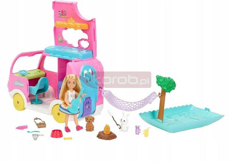 LALKA BARBIE CHELSEA WAKACYJNY KAMPER + piesek króliczek akcesoria HNH90