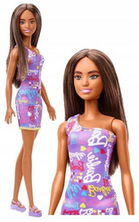 KLASYCZNA LALKA BARBIE szatynka w fioletowej sukience HGM57