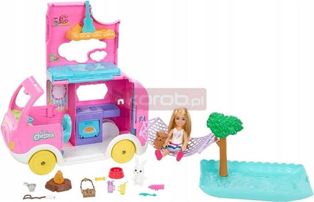 LALKA BARBIE CHELSEA WAKACYJNY KAMPER + piesek króliczek akcesoria HNH90