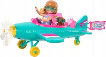 LALKA BARBIE CHELSEA PILOTKA zestaw z samolotem, pieskiem HTK38