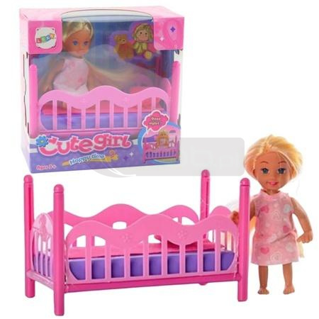 Zestaw mini laleczka w piżamie + łóżeczko różowe