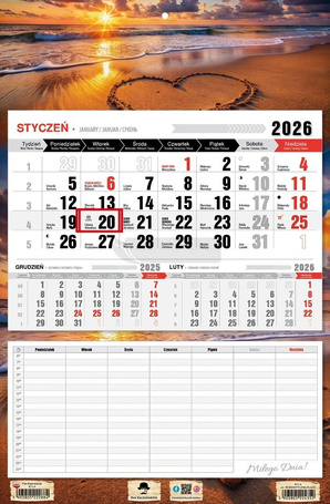 Kalendarz 2026 jednodzielny z planem zajęć plaża