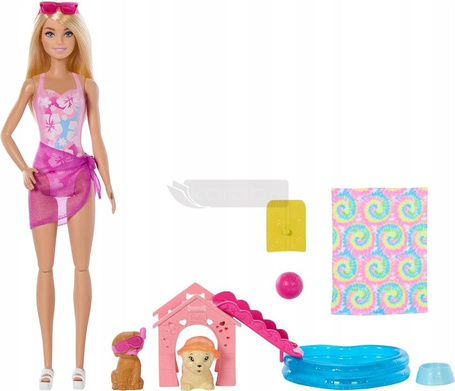 LALKA BARBIE PIESKI NA BASENIE zestaw z lalką Barbie i pieskami JBF35