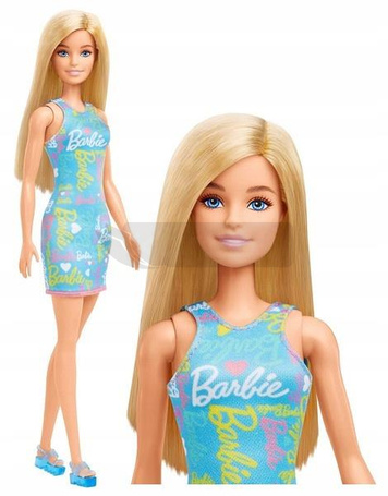 KLASYCZNA LALKA BARBIE blondynka w niebieskiej sukience HGM59