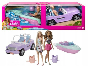LALKA BARBIE ZESTAW PRZEJAŻDŻKA 2 lalki + samochód jeep + motorówka GXD66