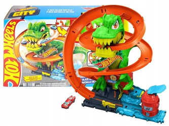 HOT WHEELS CITY ZESTAW TORÓW ZAKRĘCONY TOR REMIZA T-REXA + autko, zestaw +4 JBM73