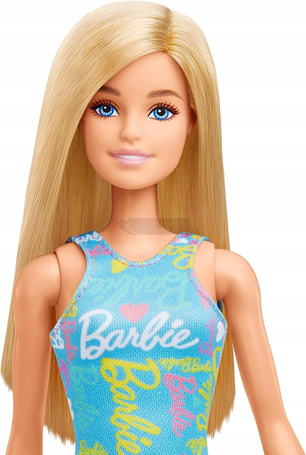 KLASYCZNA LALKA BARBIE blondynka w niebieskiej sukience HGM59