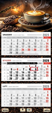 Kalendarz 2026 trójdzielny płaska główka kawa