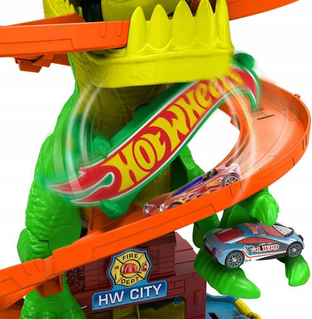 HOT WHEELS CITY ZESTAW TORÓW ZAKRĘCONY TOR REMIZA T-REXA + autko, zestaw +4 JBM73