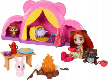 ENCHANTIMALS ZESTAW WYCIECZKA POD NAMIOT lalka miś + 2 figurki zwierzątek HTW71