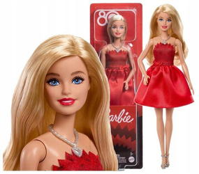 LALKA BARBIE 80-lecie Mattel lalka blondynka w czerwonej sukience JGD25