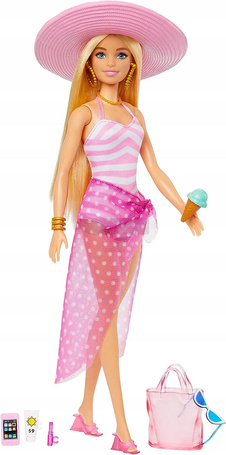 LALKA BARBIE DZIEŃ NA PLAŻY w kapeluszu + akcesoria plażowe HPL73