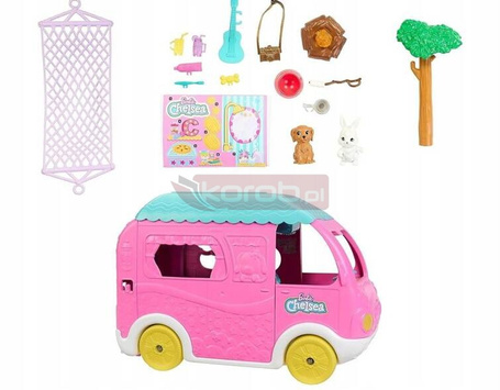 LALKA BARBIE CHELSEA WAKACYJNY KAMPER + piesek króliczek akcesoria HNH90