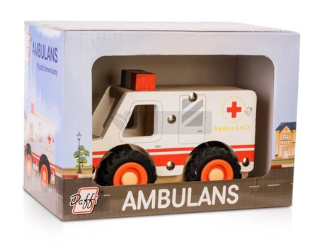 Drewniane auto z oponami - ambulans