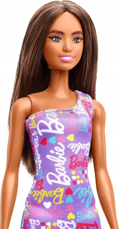 KLASYCZNA LALKA BARBIE szatynka w fioletowej sukience HGM57