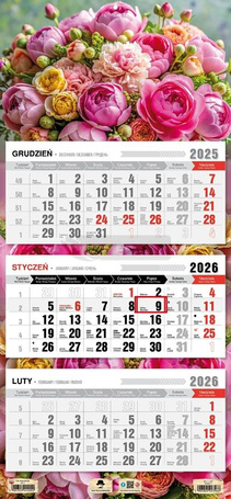 Kalendarz 2026 trójdzielny płaska główka kwiaty