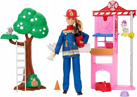 LALKA BARBIE STRAŻACZKA zestaw do zabawy z remizą strażacką i pieskiem HRG55