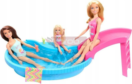 LALKA BARBIE BASEN zestaw basen ze zjeżdżalnią + lalką Barbie w kostiumie HRJ74