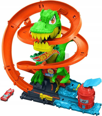 HOT WHEELS CITY ZESTAW TORÓW ZAKRĘCONY TOR REMIZA T-REXA + autko, zestaw +4 JBM73