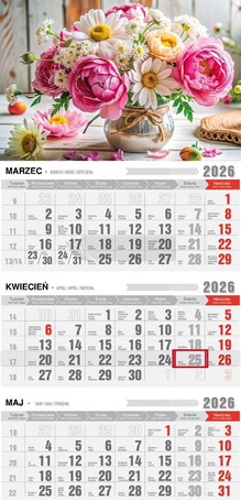 Kalendarz 2026 trójdzielny ekonomiczny bukiety