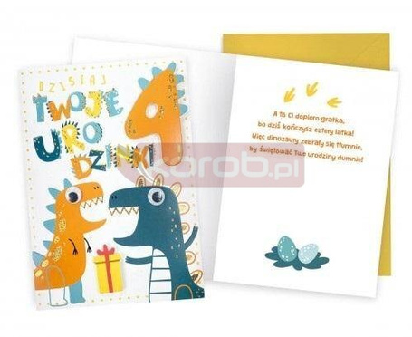 Karnet Urodziny 4 dinozaury