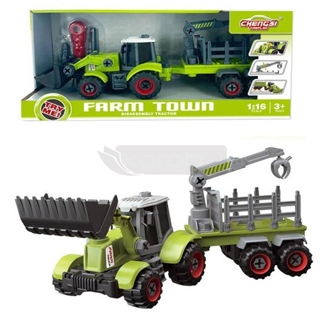Traktor z łyżką i przyczepą do skręcania