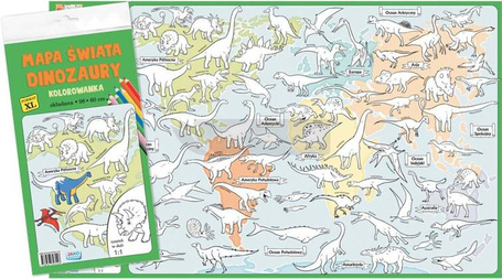 Mapa świata. Dinozaury. Kolorowanka XL - kolor