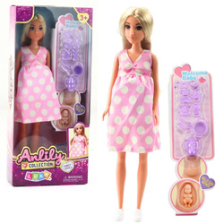 Lalka Anlily w ciąży sukienka w kropki akcesoria