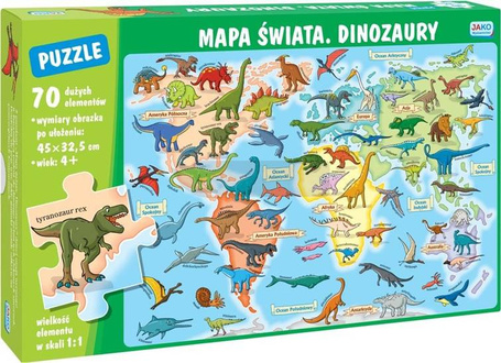 Puzzle 70 elementów. Mapa świata. Dinozaury