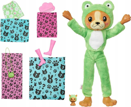 BARBIE CUTIE REVEAL LALKA W KOSTIUMIE PIESKA przebranego za ŻABKĘ + piesek HRK24