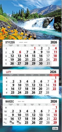 Kalendarz 2026 trójdzielny płaska główka Wodospad