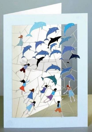 Karnet PP026 wycinany + koperta Pływanie delfiny