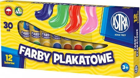 Farby plakatowe w tubach 12 kolorów 30ml ASTRA