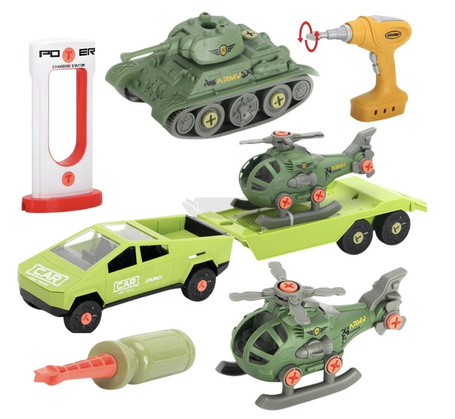 Samochód do montażu z przyczepą i helikopterem