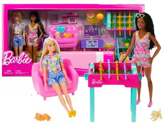 LALKA BARBIE POKÓJ ZABAW duży zestaw 2 lalki, piesek, kotek + akcesoria HYT64