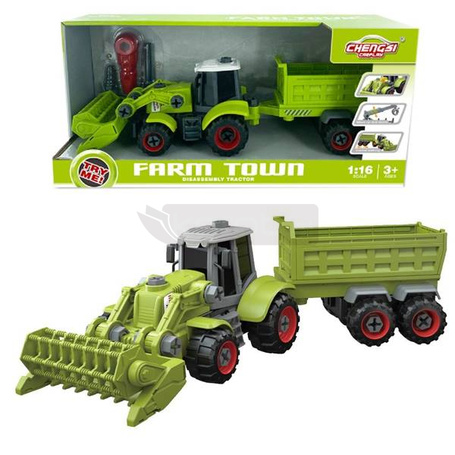 Traktor z łyżką i przyczepą do skręcania