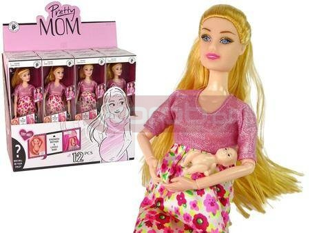 Lalka w ciąży różowa sukienka w kwiaty