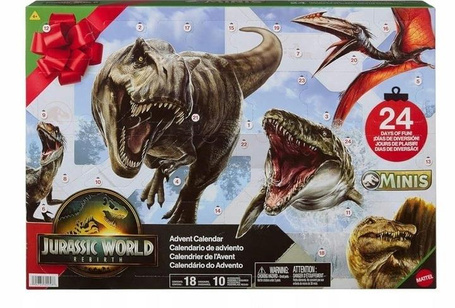 JURASSIC WORLD ODRODZENIE KALENDARZ ADWENTOWY 2025, figurki dinozaurów JGB67