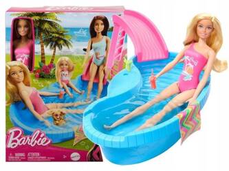 LALKA BARBIE BASEN zestaw basen ze zjeżdżalnią + lalką Barbie w kostiumie HRJ74