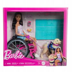 LALKA BARBIE FASHIONISTAS NA WÓZKU INWALIDZKIM z psem przewodnikiem HJY85