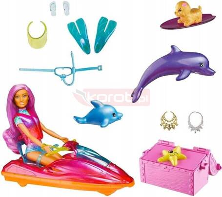 LALKA BARBIE DREAMTOPIA zestaw lalka i skuter wodny, piesek, delfinki HBW90