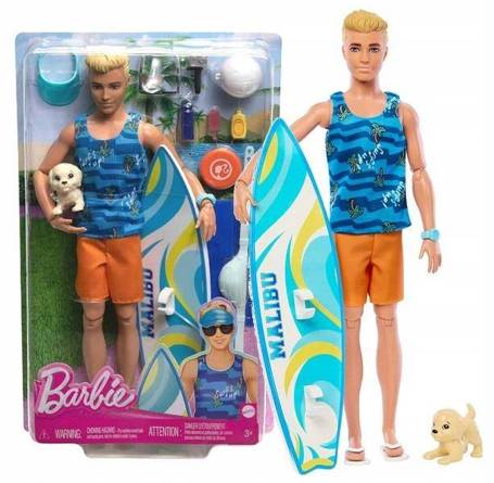 LALKA BARBIE KEN SURFER MALIBU surfboard + piesek HPT50