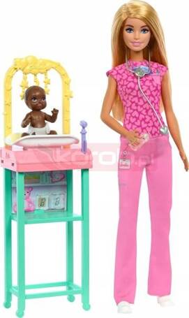 LALKA BARBIE LEKARZ PEDIATRA lalka Barbie doktor, lalka bobasek + akcesoria JCR72