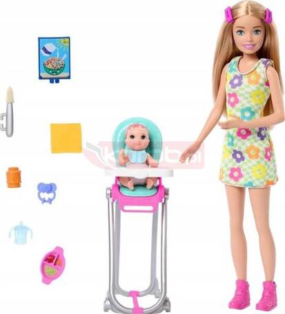 LALKA BARBIE SKIPPER OPIEKUNKA + KRZESEŁKO DO KARMIENIA z bobasem HTK35