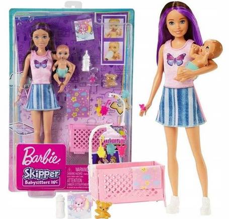 LALKA BARBIE SKIPPER OPIEKUNKA łóżeczko + bobas HJY33