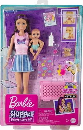 LALKA BARBIE SKIPPER OPIEKUNKA łóżeczko + bobas HJY33