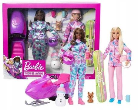 LALKA BARBIE SPORTY ZIMOWE zestaw 2 lalek skuter śnieżny deska snowboardowa HGM75