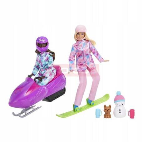 LALKA BARBIE SPORTY ZIMOWE zestaw 2 lalek skuter śnieżny deska snowboardowa HGM75