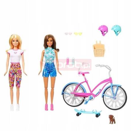 LALKA BARBIE ZESTAW 2 LALKI z pieskiem + rower + deskorolka HJY84